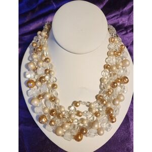 Vintage Japan 4 Strand Faux Pearl Clear Bead Necklace Gold Champagne Statement